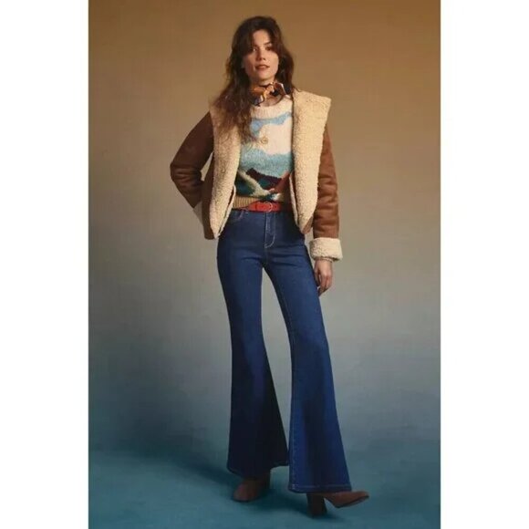 Anthro Pilcro High Rise Flare Dark Wash Jeans
